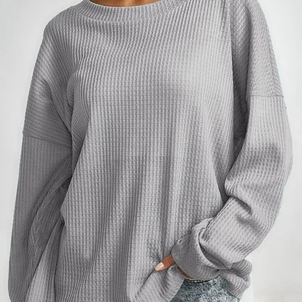 B031 Gray V Cut Drawstring Back Waffle Knit Long Sleeve Top